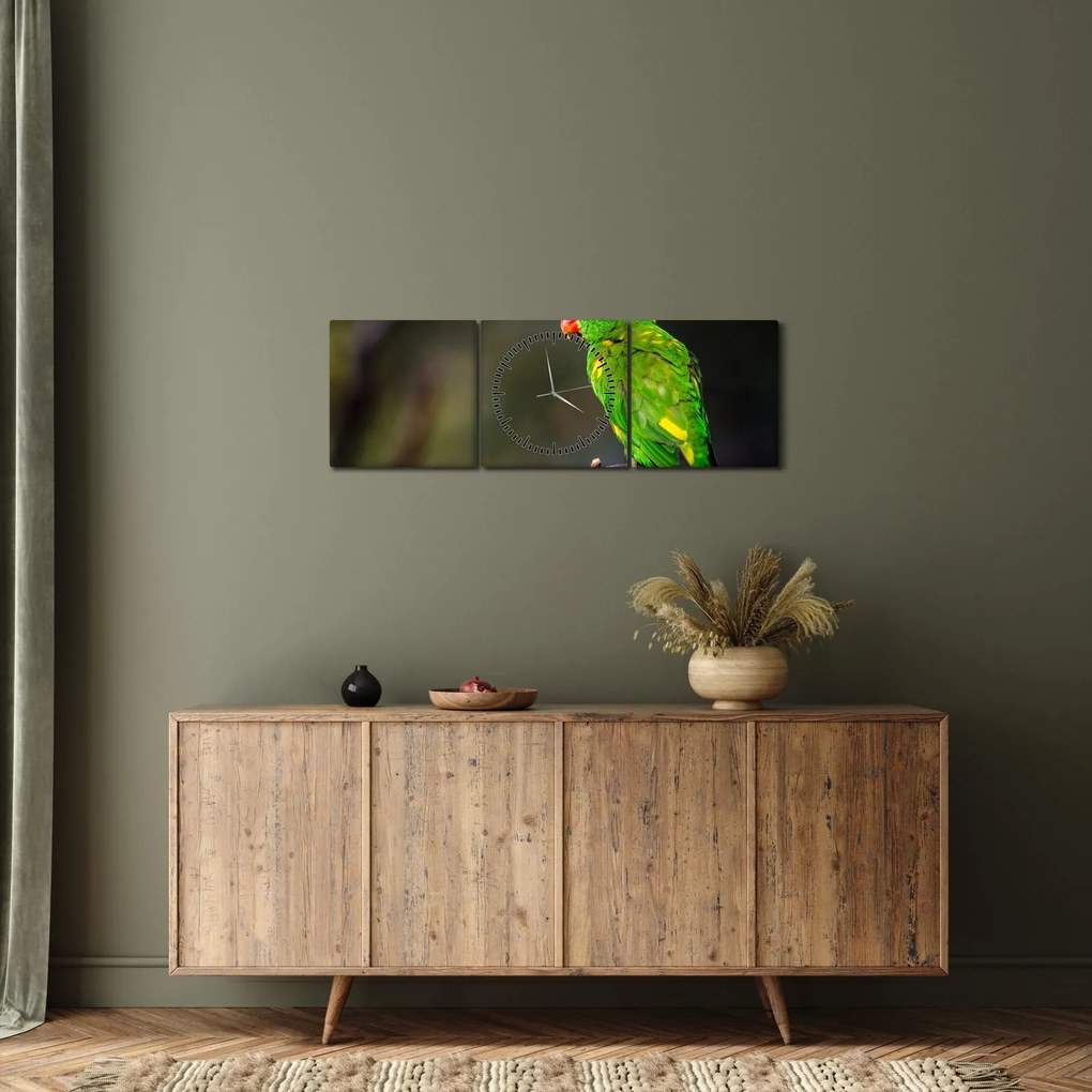 Obraz papugi na gałęzi (z zegarem) (90x30 cm)