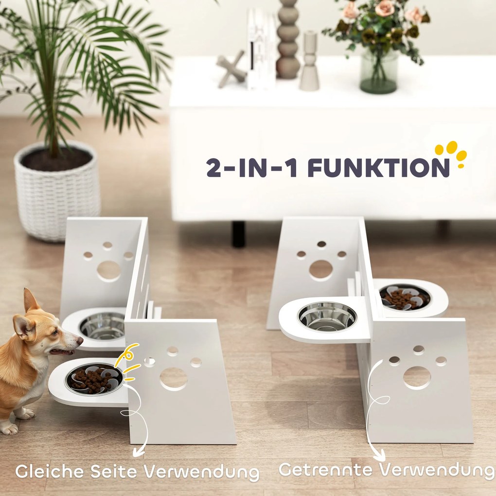 PawHut Stelaż na miskę dla psów, regulowane miski z oddzielnym designem, 2 miski ze stali nierdzewnej, mata przeciw połykaniu, Biały