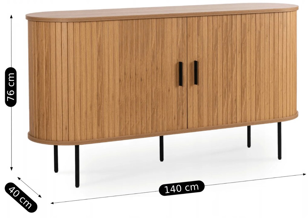 Komoda do Salonu Rozsuwana TRISH 140 cm Dąb Dwudrzwiowa Ryflowana Nowoczesna