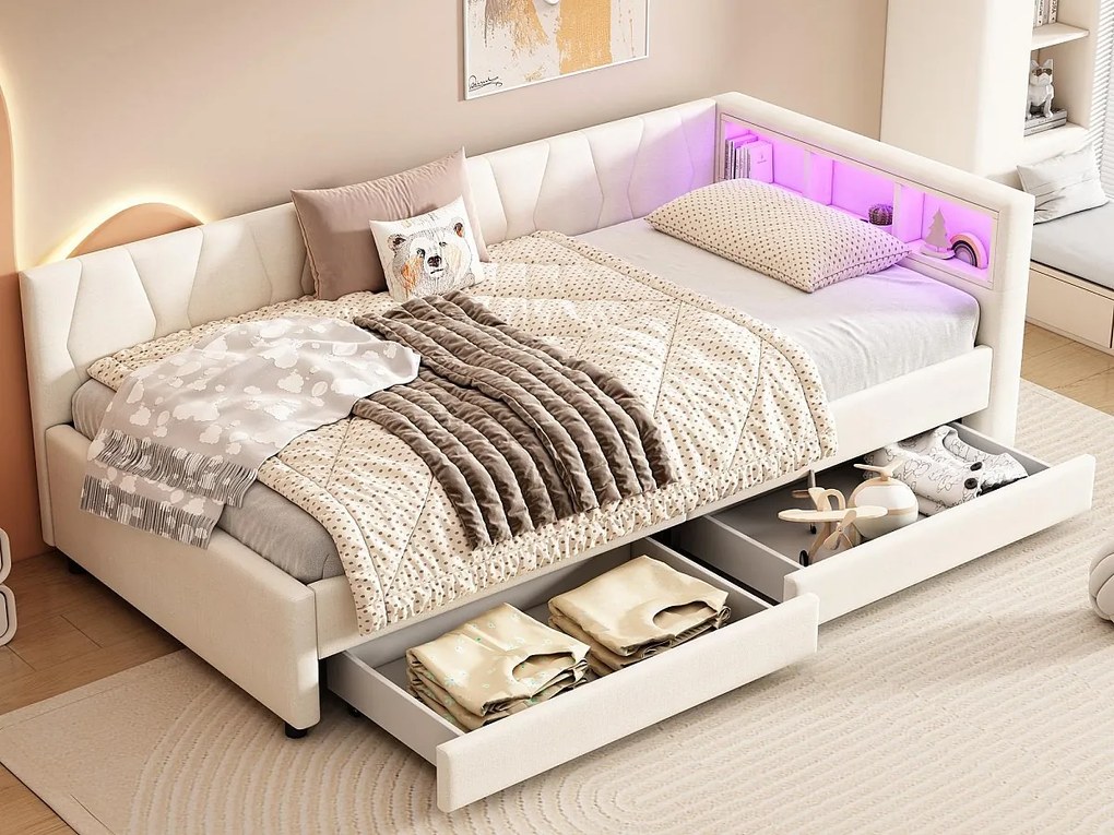 Łóżko z oświetleniem LED 90x200cm - z 2 szufladami i portami ładowania - tkanina lniana - Beżowy