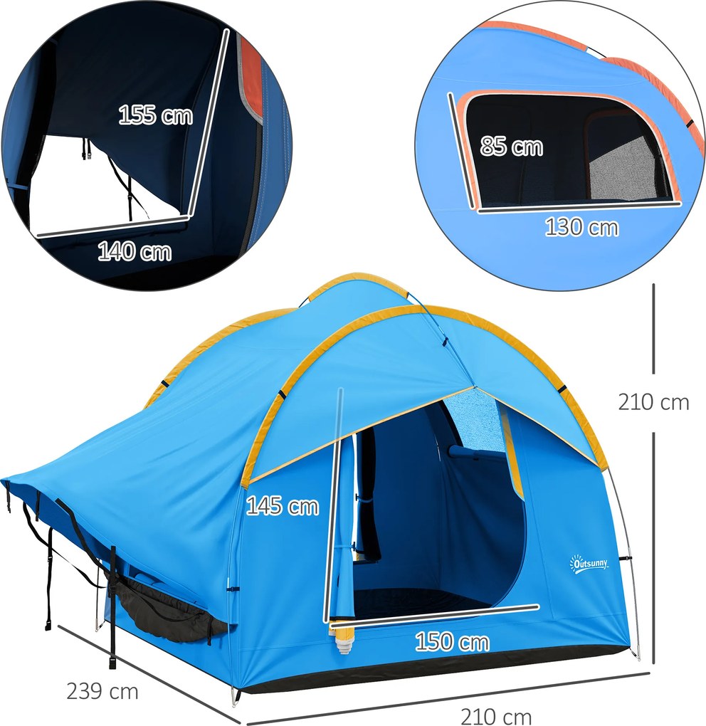 Outsunny Namiot samochodowy Campingowy, 3 drzwi, odporny na warunki atmosferyczne, 239cm x 210cm x 210cm, Pomarańczowy + Niebieski