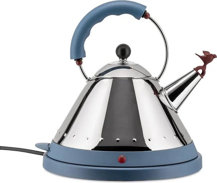 Elektryczny czajnik Alessi MG32 niebieskie niebo 1,5L stal nierdzewna z gwizdkiem w kształcie ptaszka i obrotową podstawą 360°