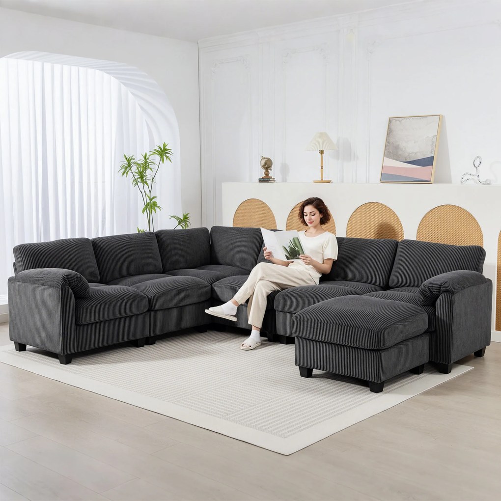 HOMCOM Narożna sofa w kształcie U, sofa z sprężynami kieszeniowymi, wyściełane podłokietniki, ruchomy szezlong, sztruks, 292x224x85 cm, ciemnoszary | Aosom PL