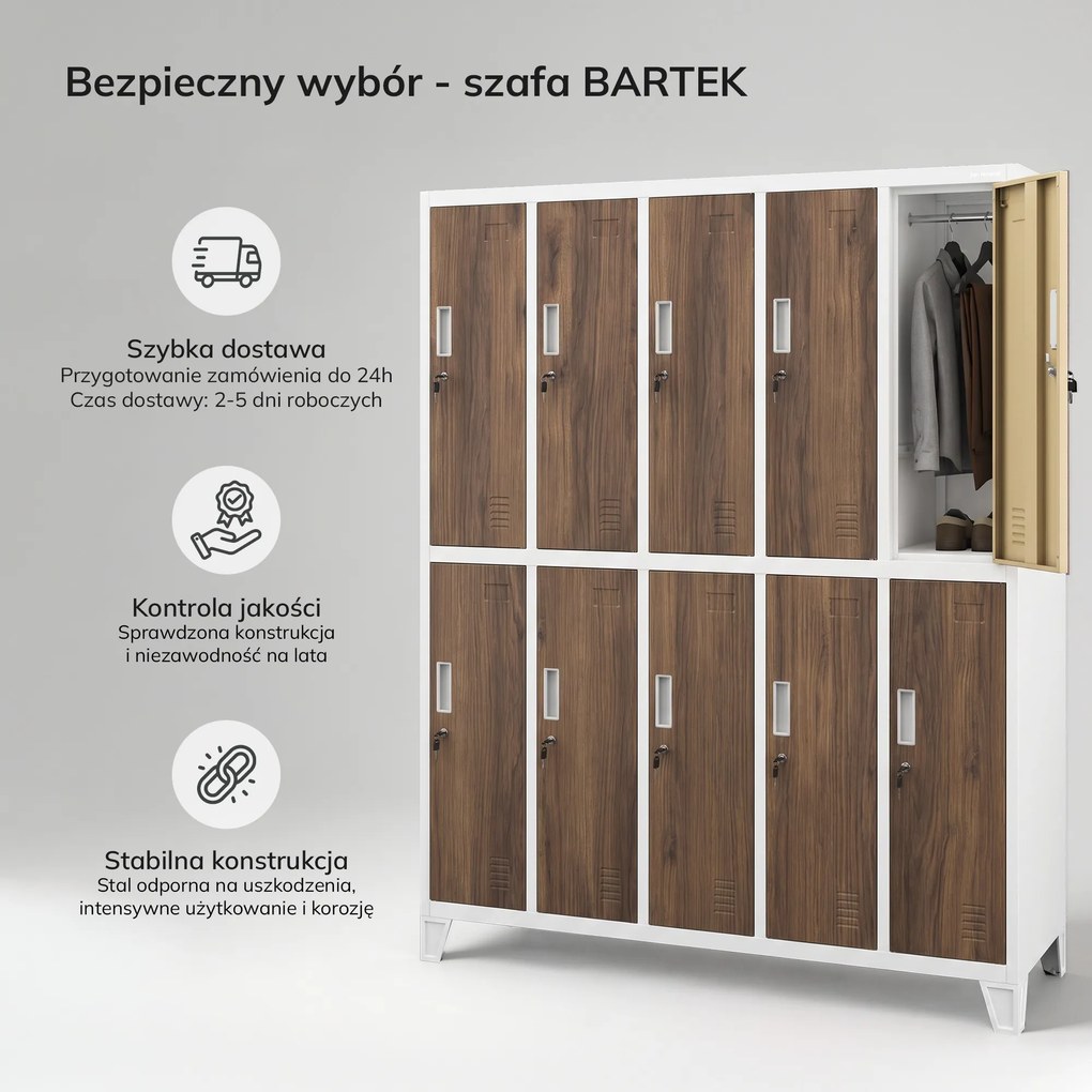 Szafa socjalna ubraniowa 10-drzwiowa biała/orzech, 1360x1720x450 mm: BARTEK Eco Design