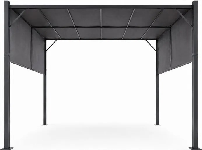 Szara pergola ogrodowa FG-362 z regulowanym zadaszeniem i roletami bocznymi