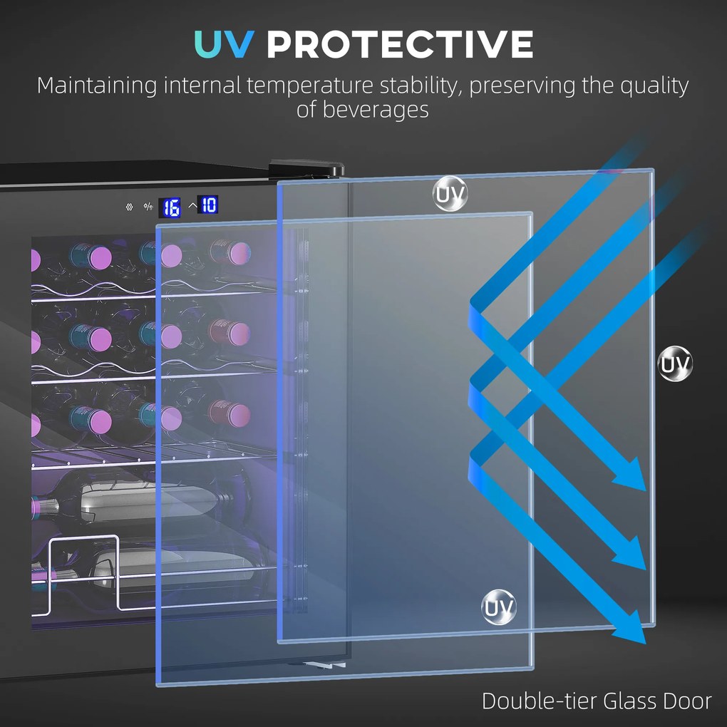 HOMCOM Wolnostojąca chłodziarka do wina, 16 butelek, do domowego baru, salonu, kuchni ekran dotykowy, drzwi szklane, oświetlenie LED