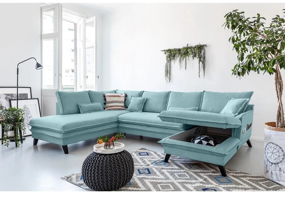 Jasnoniebieska rozkładana sofa w kształcie litery "U" Miuform Charming Charlie, lewostronna