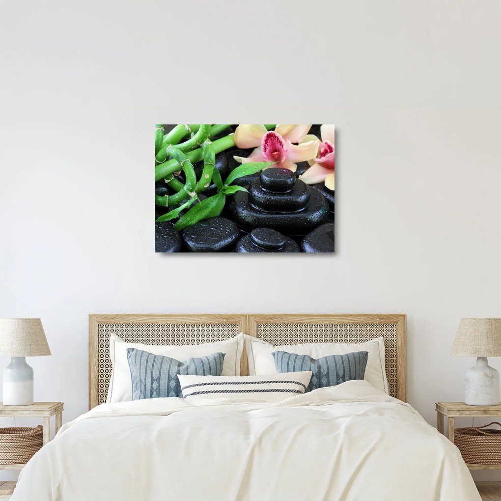 Obraz na szkle - Kamienie i orchidee (70x50 cm)