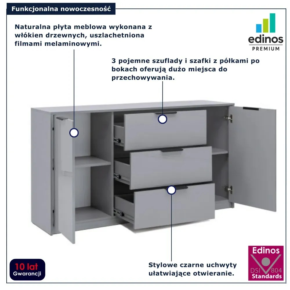 Szara długa komoda z 3 szufladami szara lawa połysk R1-R89