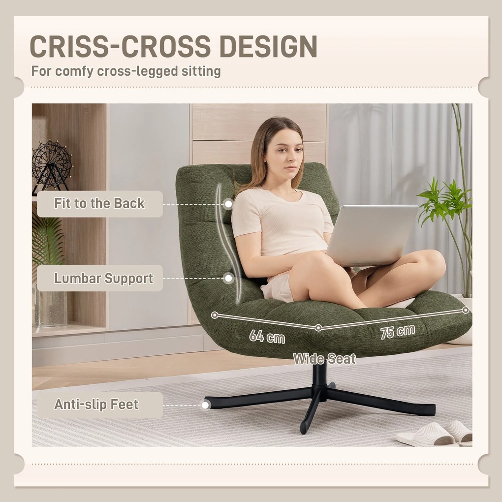HOMCOM Fotel obrotowy lounge z szerokim siedziskiem, wodoodporna optyka chenille, skrzyżowane stalowe nogi, Zielony