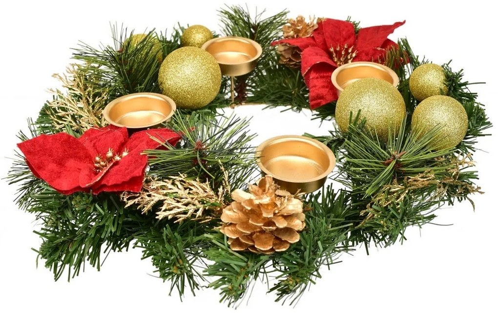 Wianek adwentowy ozdobiony poinsecją, 33 cm