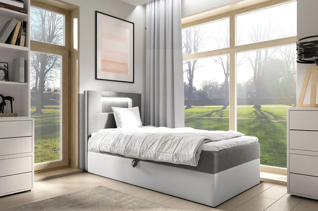 Szare łóżko pojedyncze z oświetleniem LED 3 rozmiary L7-W36