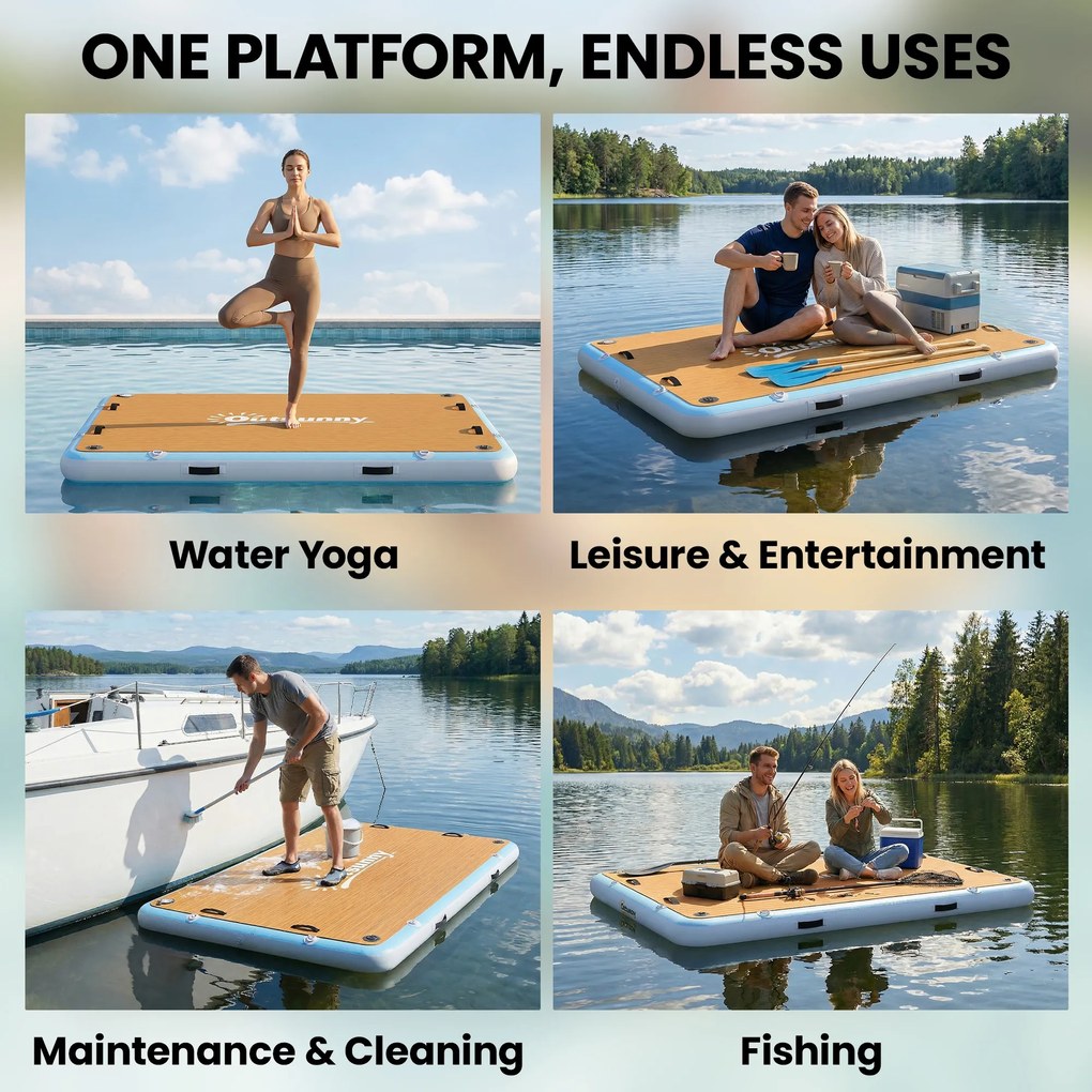Outsunny Nadmuchiwany Dock Pływający Dock 2,4x1,8m Nadmuchiwany Pływająca Platforma 4-6 Osób z Antypoślizgową Powierzchnią Drabinka | Aosom PL