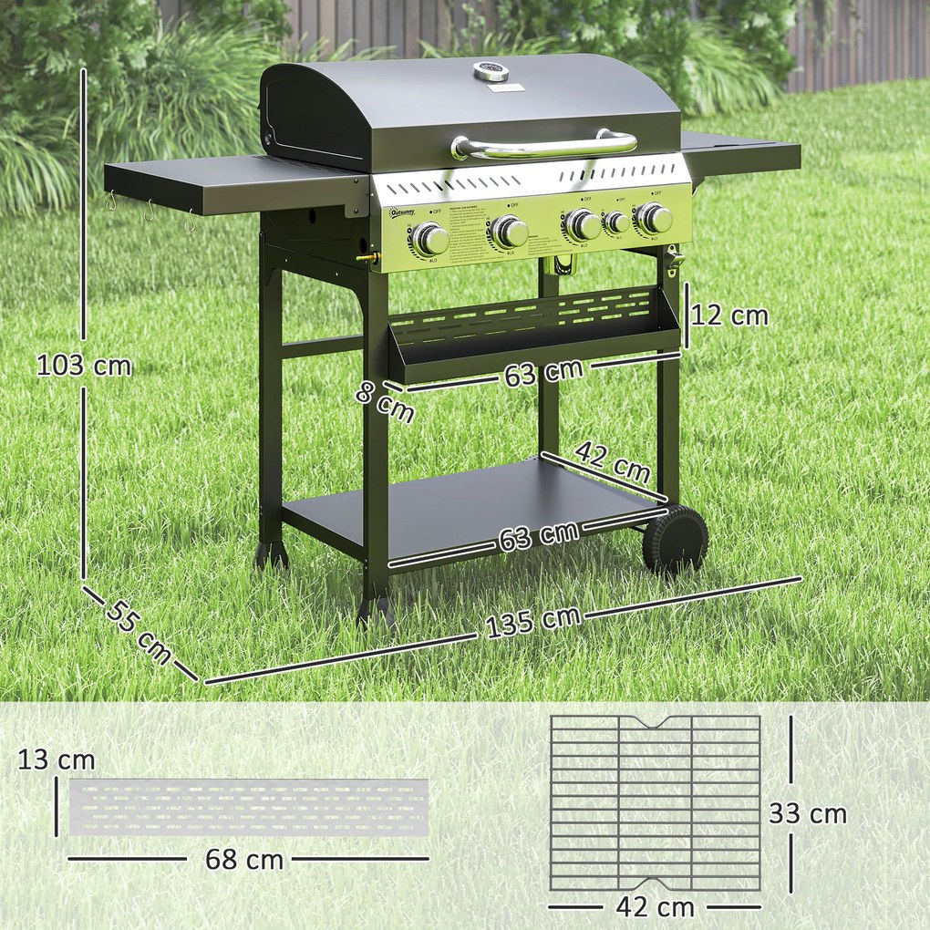 Outsunny Grill Gazowy BBQ, 4 Główne Palniki, 1 Boczny Palnik, 1 Płyta Do Podgrzewania; 135 x 55 x 103 cm, Czarny