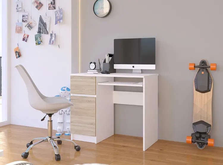 Biurko pod laptopa z szufladą biały + dąb sonoma T0-F04