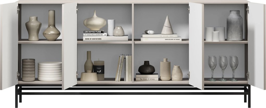 Komoda Lorini 200 cm czterodrzwiowa - kaszmir / czarne uchwyty T-bar / stelaż