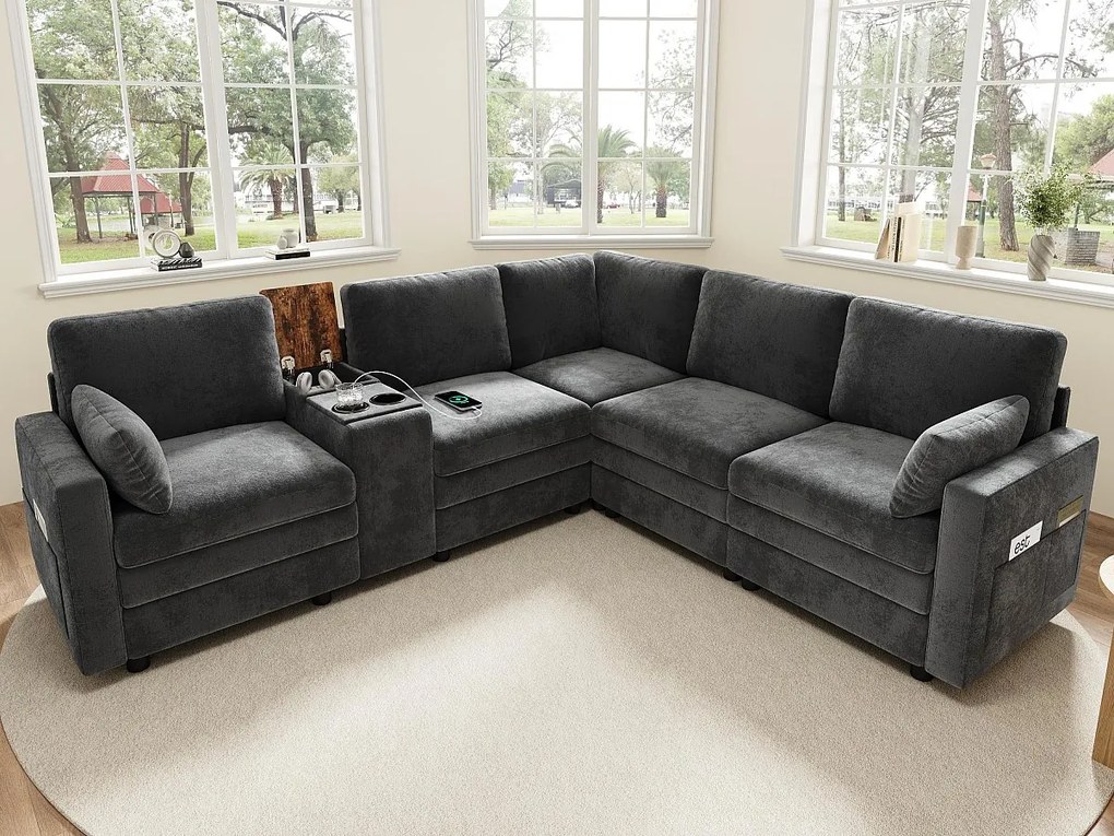 Kanapa narożna 5-osobowa w kształcie litery L - z panelem sterowania - z portem USB i uchwytem na kubek - Chenille - szary