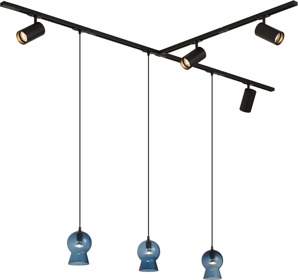 Nowoczesny czarny system szynowy z 4 reflektorami i 3 niebieskimi lampami wiszącymi 1-fazowy - Iconic Bell Jeana Luxe