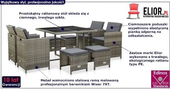 9-cz. szary zestaw rattanowy do ogrodu – Mikra 3X