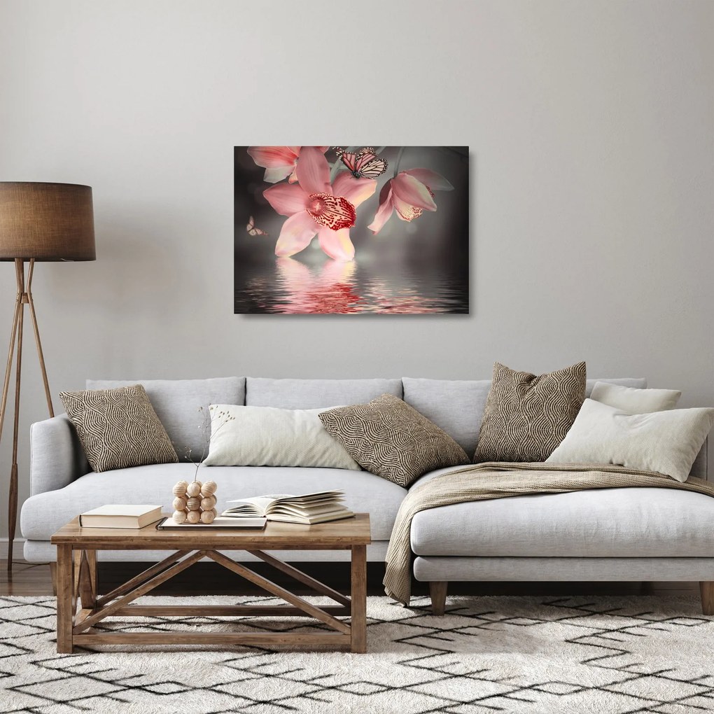 Obraz na szkle - Kwiaty i motyl (70x50 cm)