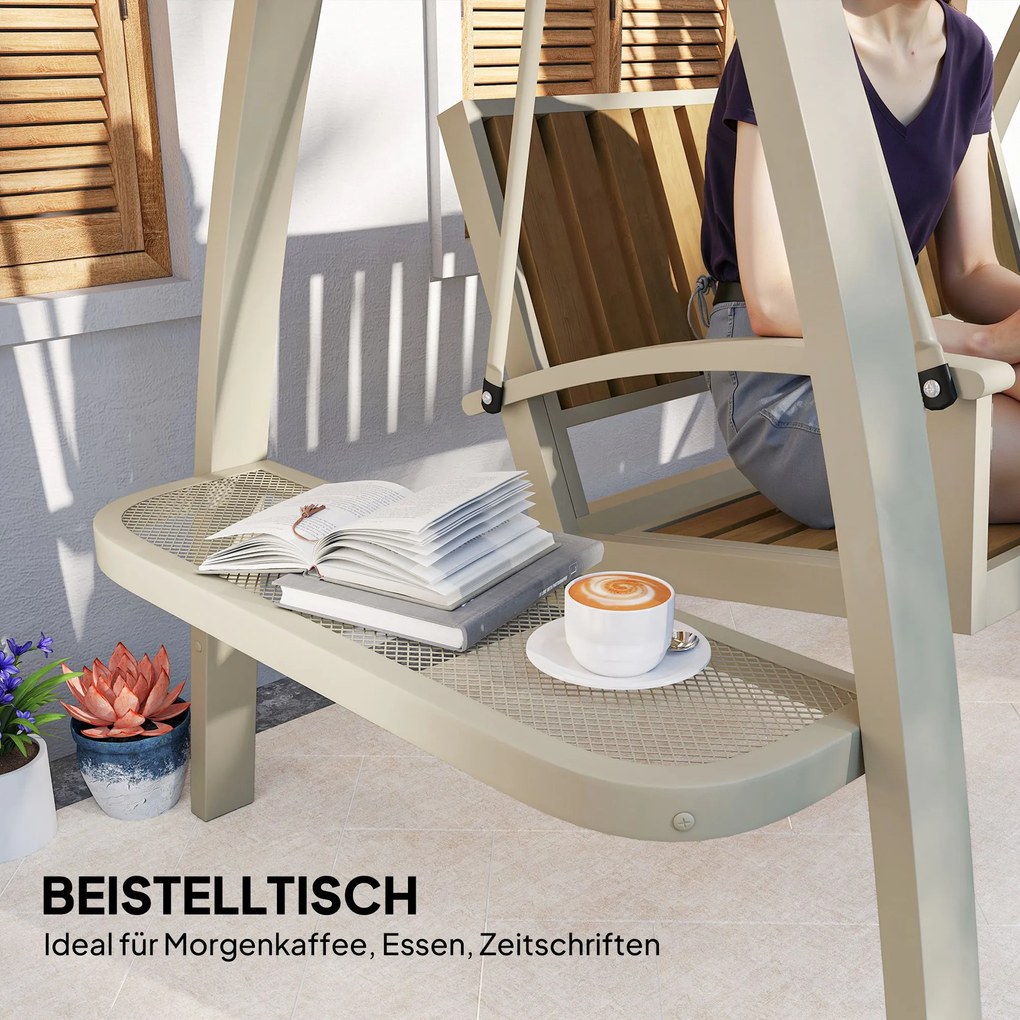 Dwuosobowa huśtawka ogrodowa Outsunny z regulowanym daszkiem, stolik boczny 200 x 120 x 190 cm, Beżowa