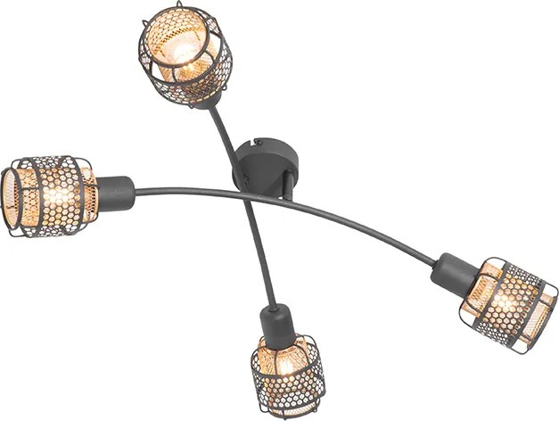 Designerska lampa sufitowa czarna ze złotem 4-światłowa - Noud