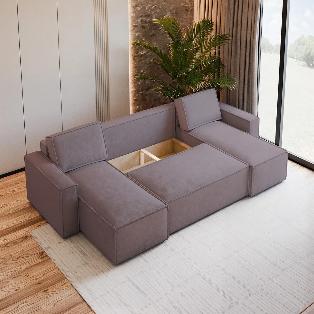 Masseno Narożnik PESANO z funkcją spania i pojemnikiem na pościel Narozniki U, Rozkładana sofa - Wrzosowy, MONOLITH 62
