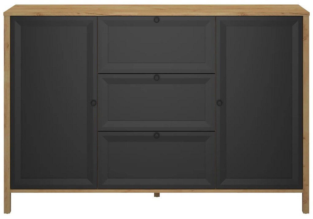 Komoda Dwudrzwiowa z Szufladami Drewniana do Salonu NORIA 150 cm Dąb craft złoty/czarny Loft