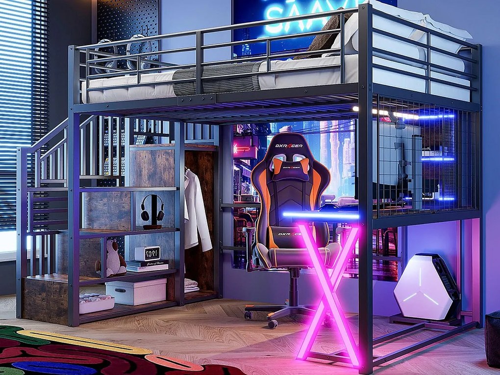 Łóżko piętrowe 140x200cm z oświetleniem LED - biurko + szafa + drabinka - czarne