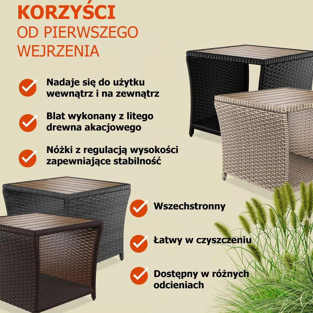 Polirattanowy stolik pomocniczy ROCCO z drewna akacjowego, 40x45x45cm, brązowy/czarny Casaria