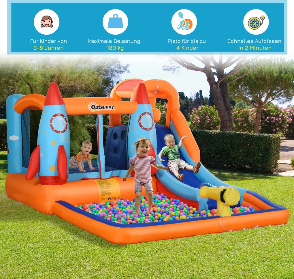 Outsunny Dmuchany Zamek ze Zjeżdżalnią dla 4 Dzieci - Świetna Zabawa od 3 do 10 lat, 350x250x185cm