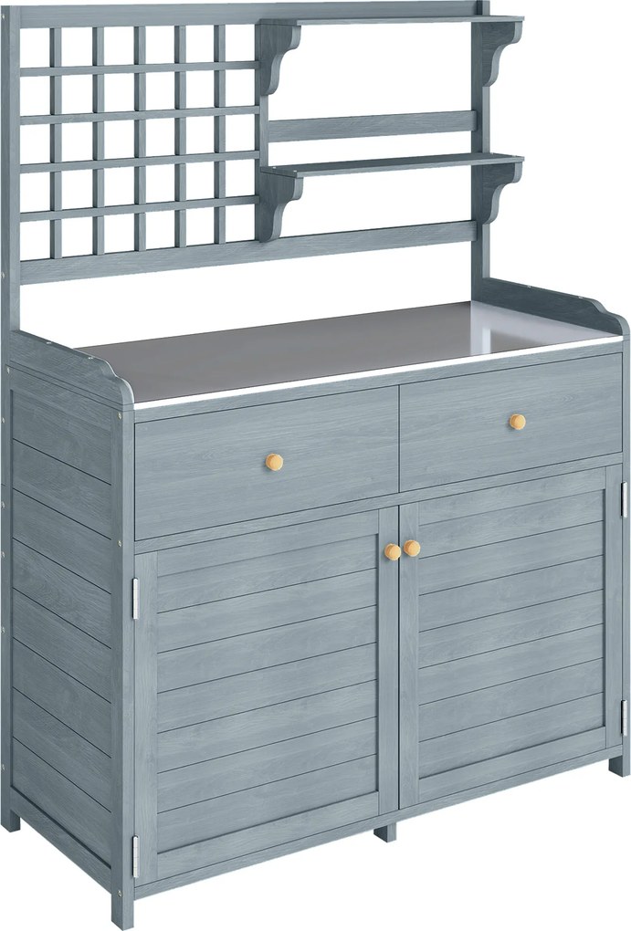 Outsunny Stół do sadzenia z szafką na zewnątrz, drewno, szafka ogrodowa z ocynkowaną powierzchnią roboczą, 2 szuflady, 104x44x140 cm jasnoszary | Aosom PL