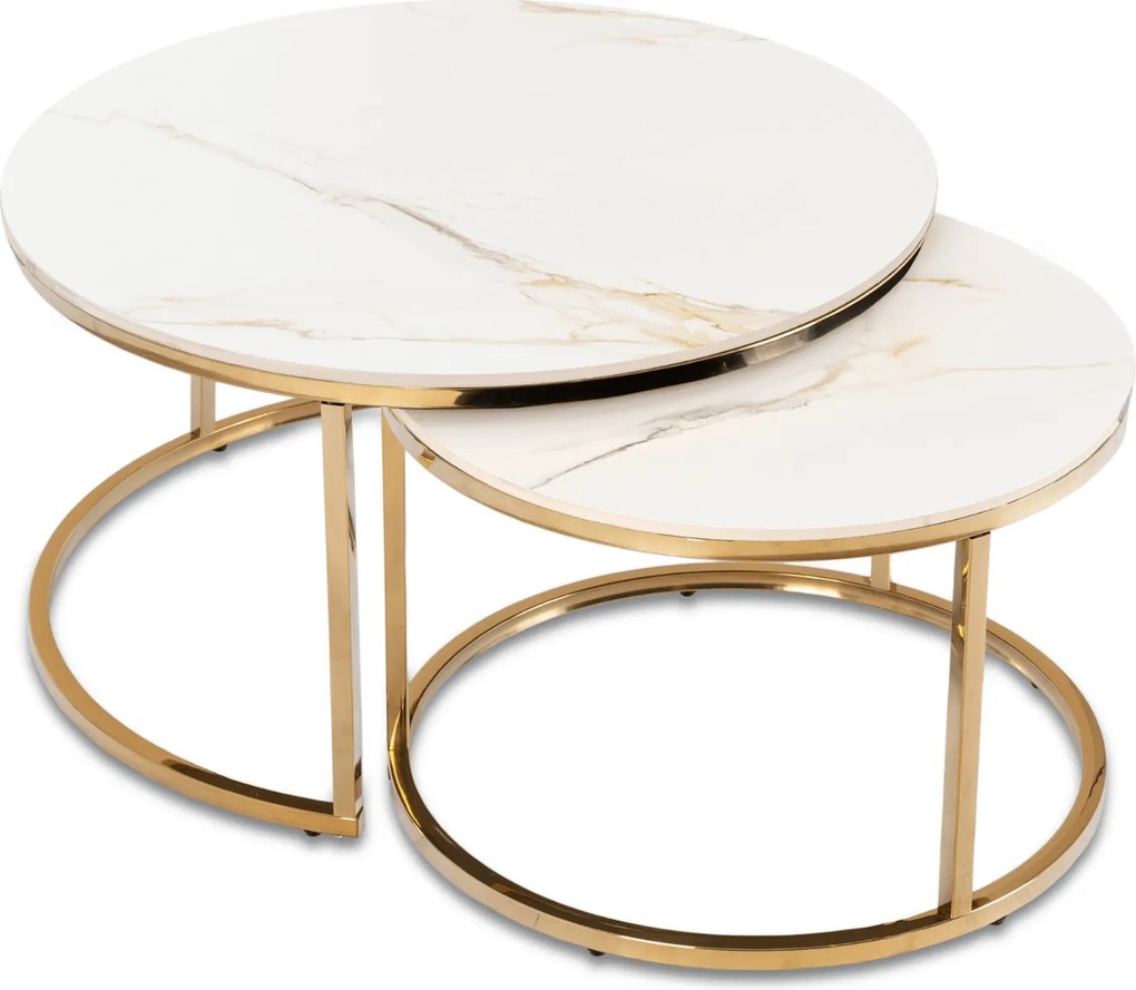 Zestaw Stolików Kawowych MILANO 60 cm/80 cm Biały Marmur/Złoty Glamour