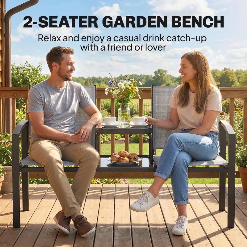 Outsunny Dwuosobowa ławka ogrodowa z oparciem i podłokietnikami, dwupoziomowy stolik, ławka parkowa 240 kg obciążenia, 135 x 67 x 81 cm, szary | Aosom PL
