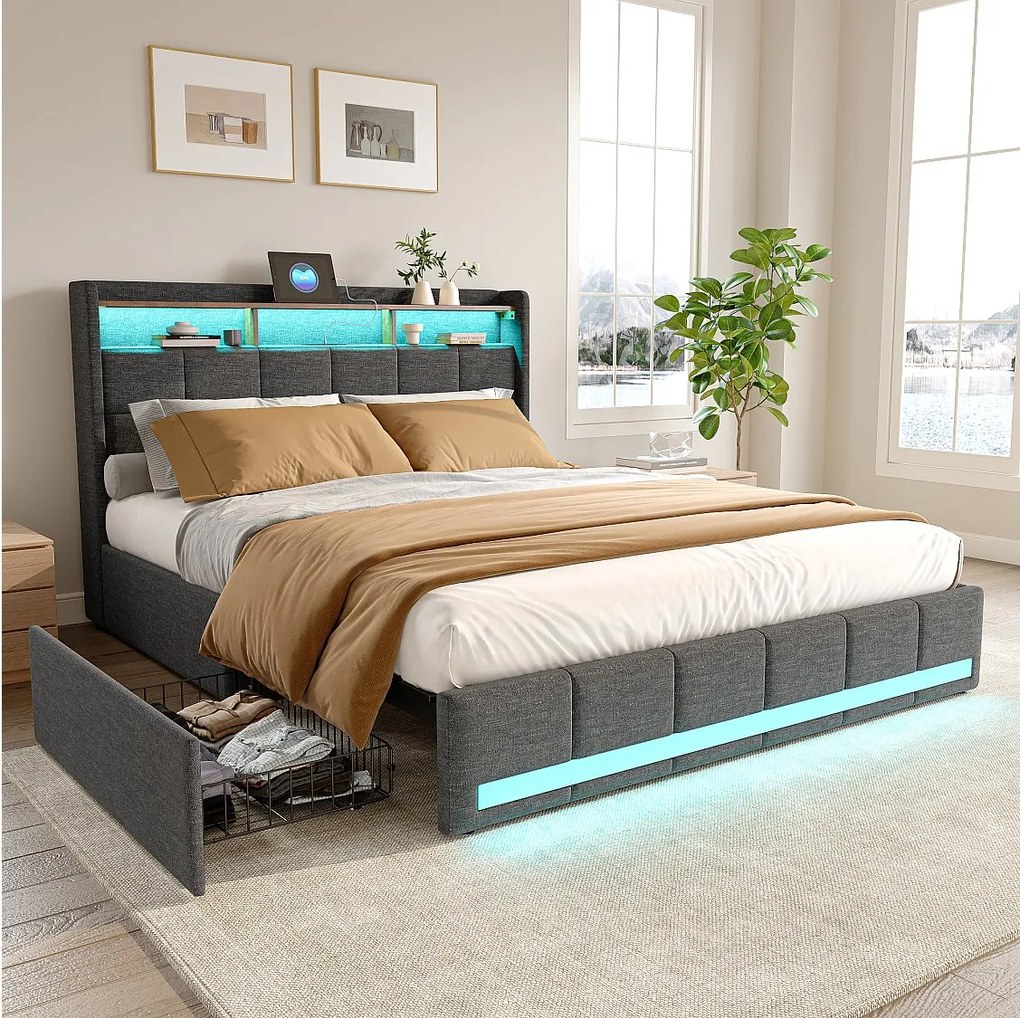 Łóżko 140x190 cm z oświetleniem LED i USB, 4 szufladami i schowkiem na pościel w zagłówku, len, kolor szary