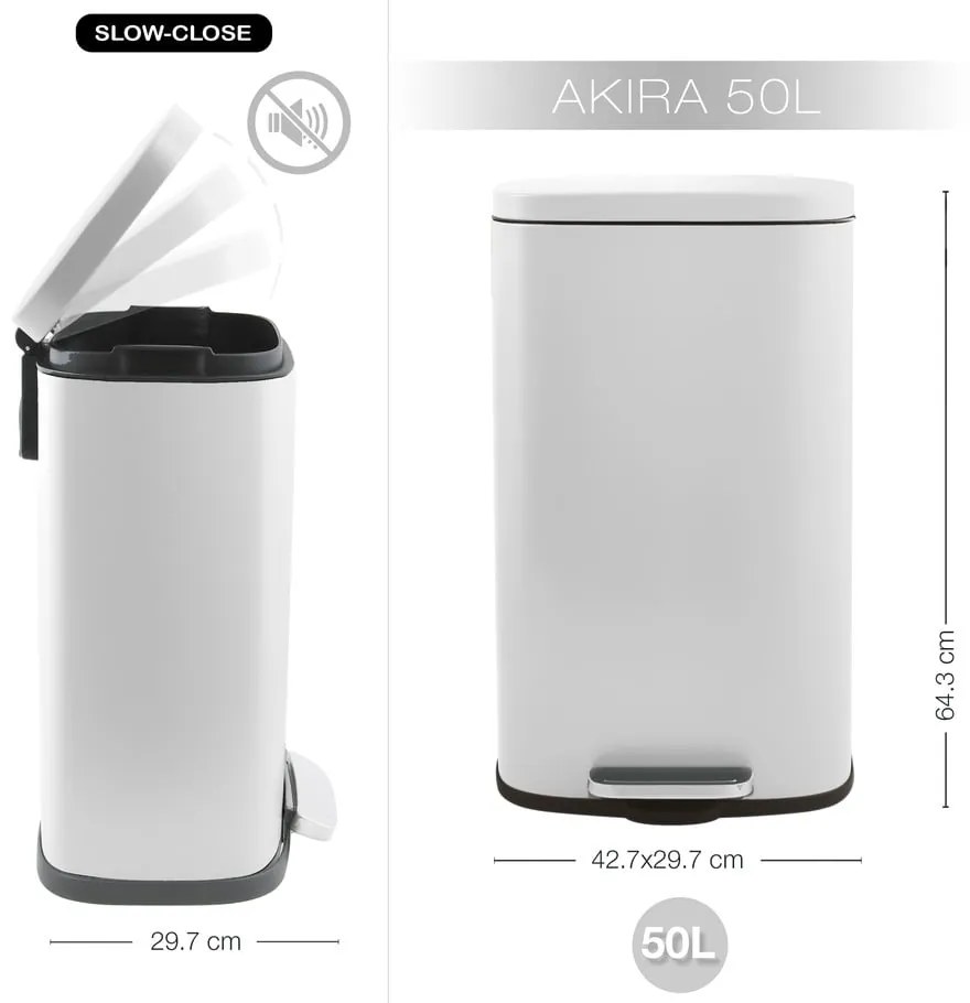 Stalowy kosz na śmieci z pedałem w matowym białym kolorze 50 l Akira – Spirella