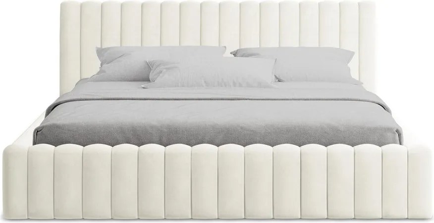 Kremowe tapicerowane łóżko dwuosobowe ze schowkiem i stelażem 160x200 cm Lemi – Makamii
