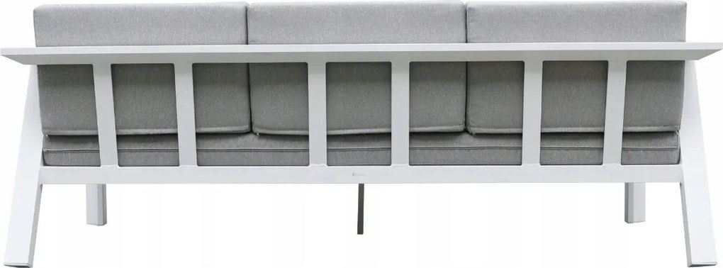 Zestaw mebli ogrodowych biały aluminium sofa fotele stolik drewniane detale