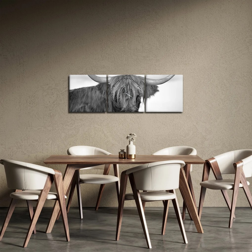 Obraz - Szkocka krowa 2, czarno - biały (z zegarem) (90x30 cm)