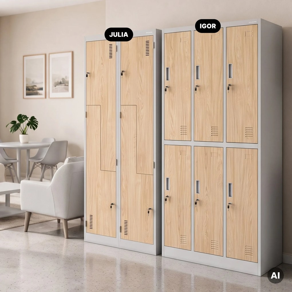 Szafa socjalna ubraniowa typu L, czterokomorowa, szara/dąb sonoma, 800x1850x450 mm: JULIA Eco Design