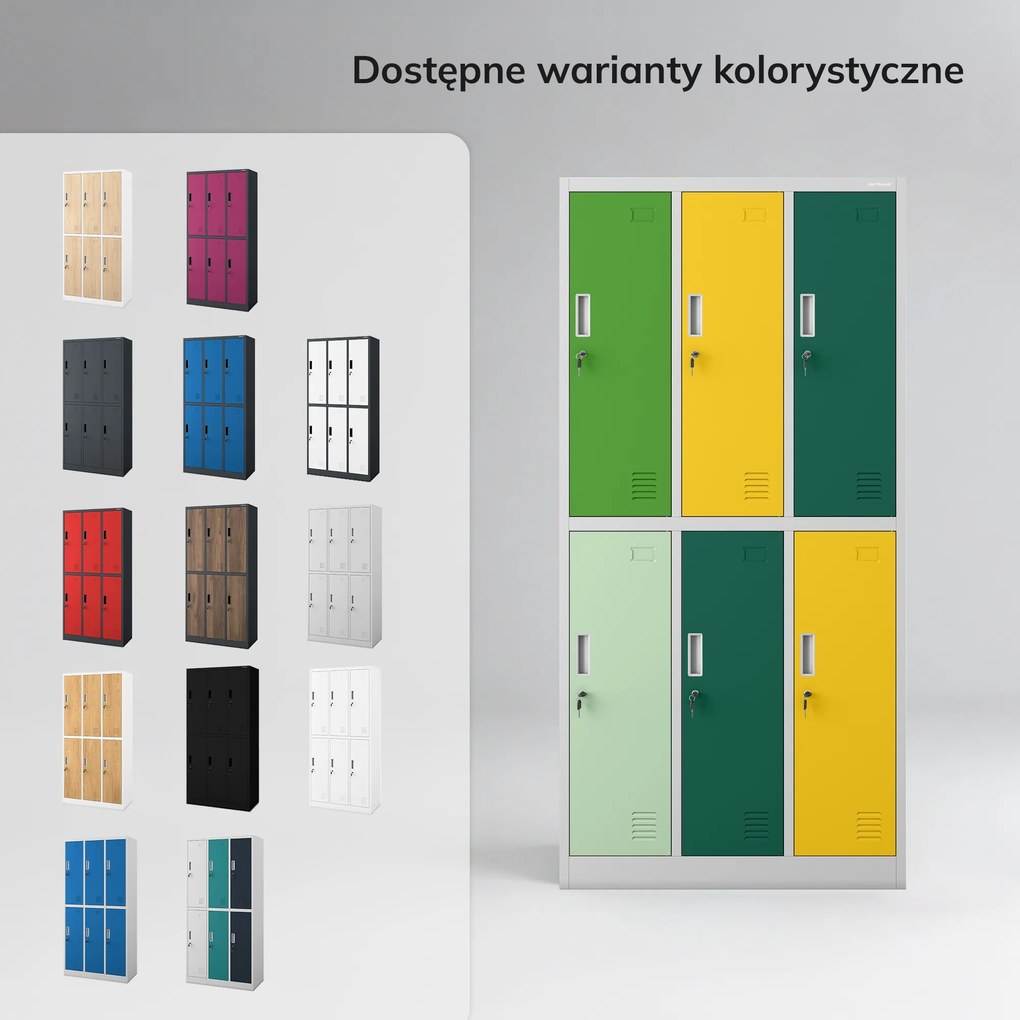 Szafka socjalna ubraniowa BHP szaro-zielono-żółta 6-drzwiowa: IGOR, 900 x 1850 x 450 mm