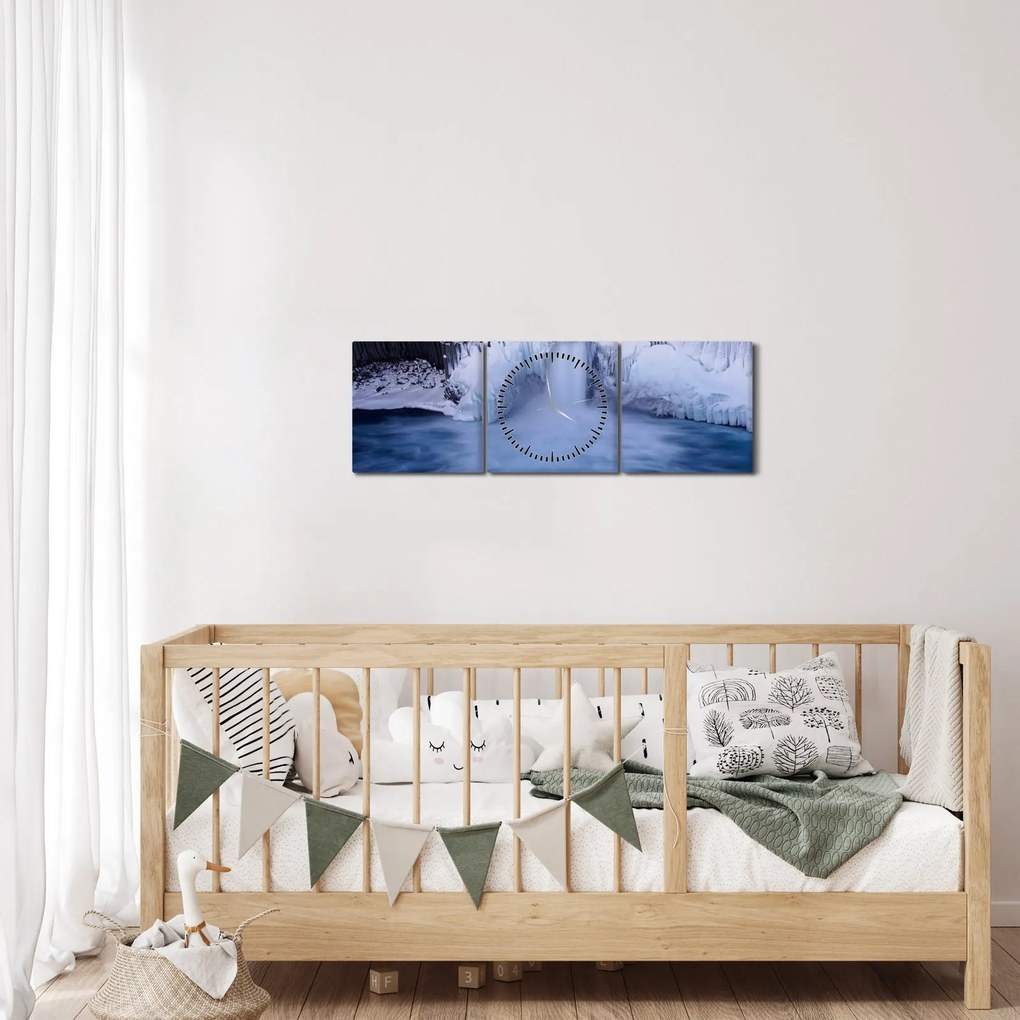 Obraz wodospadu zimą (z zegarem) (90x30 cm)