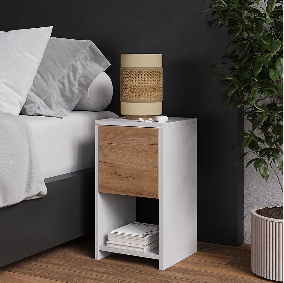 Stolik nocny biały/złoty dąb 30x30x55 evo