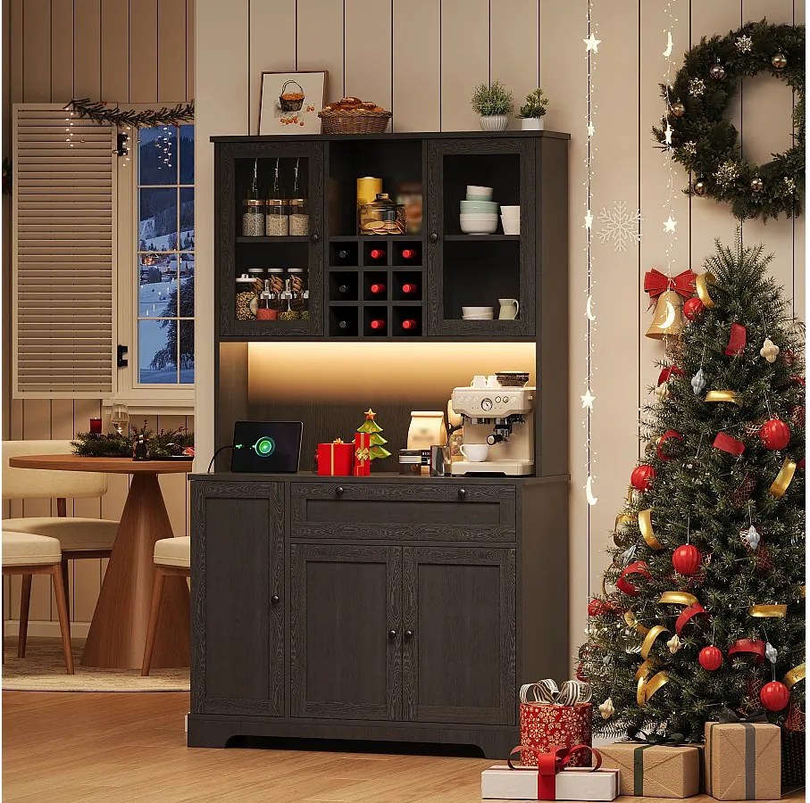 Wysoka komoda kuchenna - 105 x 40 x 180 cm - z szufladą + 5 drzwi + półki + diody LED + gniazdka - MDF - czarna