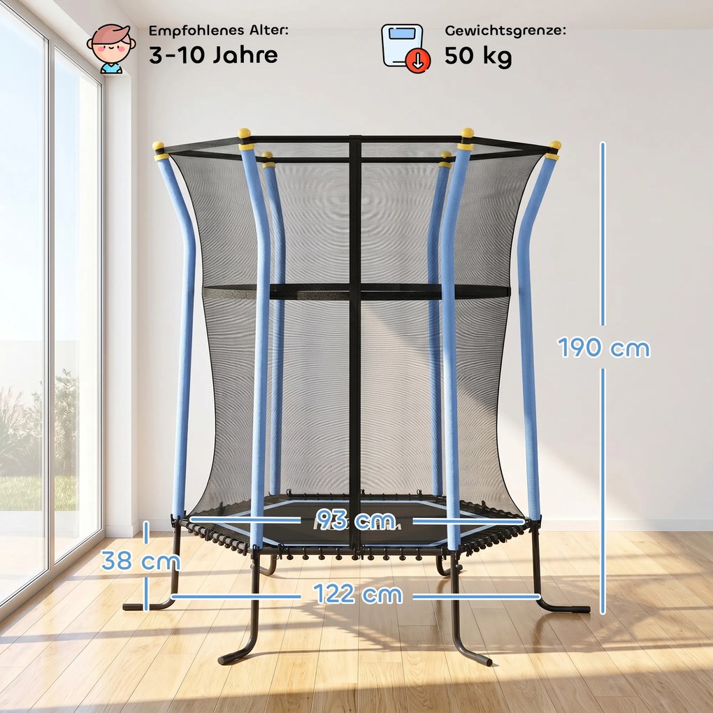 HOMCOM Trampolina dla dzieci, Ø163,5 cm, z siatką bezpieczeństwa, obicie, stal, do 50 kg, Czarny & Niebieski