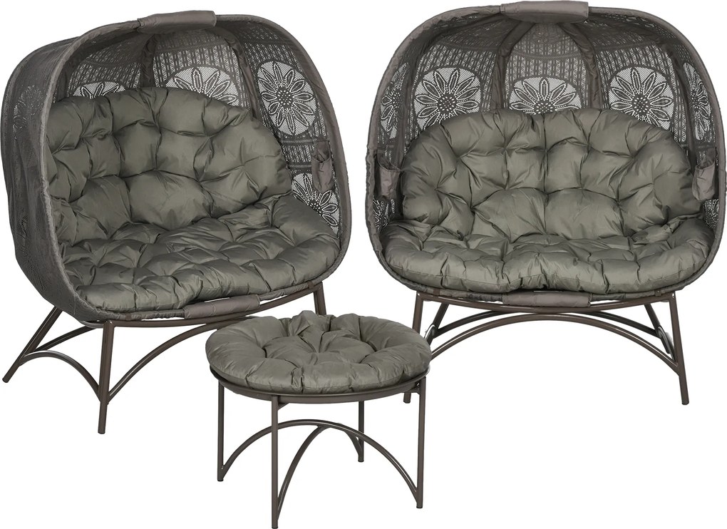 Outsunny Zestaw mebli ogrodowych, 2 fotele wiklinowe z stolikiem, składane, poduszki na siedzisko, rama ze stali, kolor: Piasek