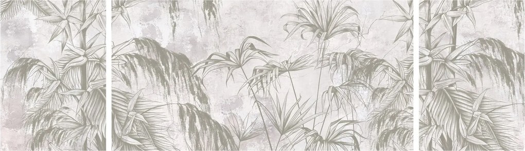 Obraz - Tropikalne rośliny na ścianie w kolorze szarym (170x50 cm)