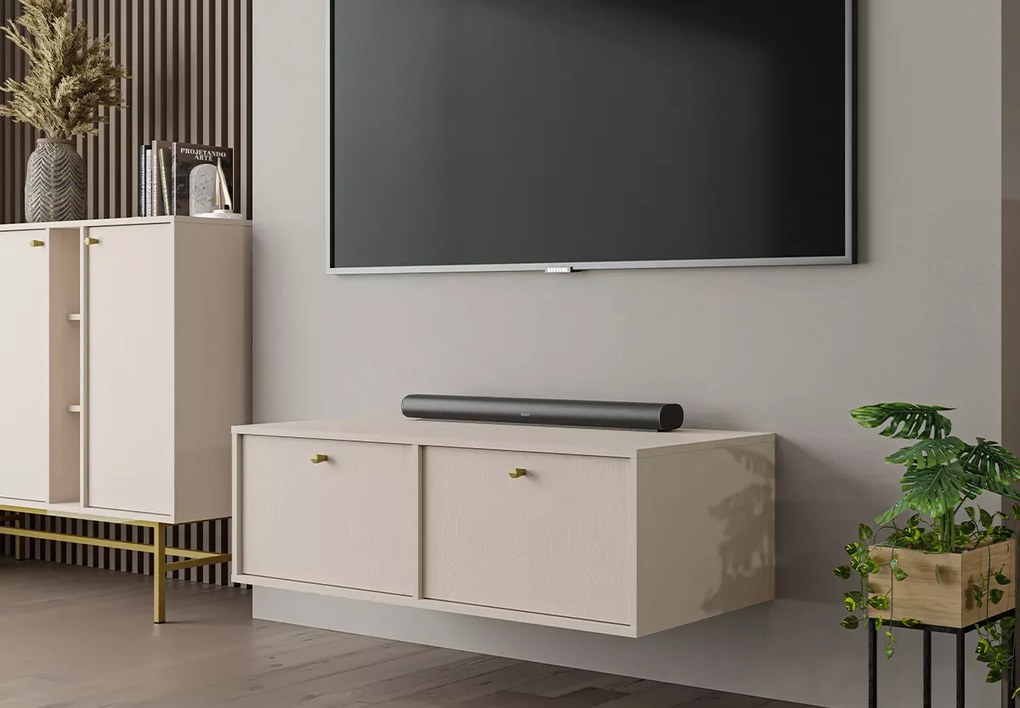 Wisząca szafka RTV Daily II 120 cm beż / czarna / eucaliptus – nowoczesna szafka pod telewizor z dwoma frontami