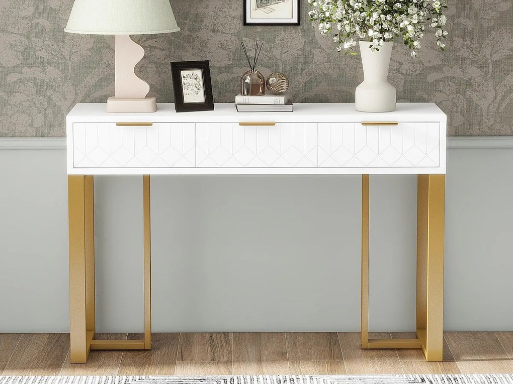 Nowoczesna konsola stołowa, z 2 szufladami, regulowanymi nogami, Biała i Złota