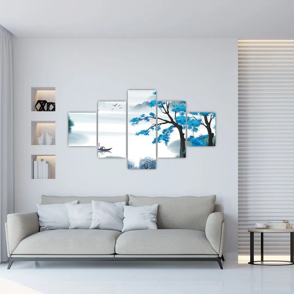 Obraz - Malowane jezioro z łódką (125x70 cm)